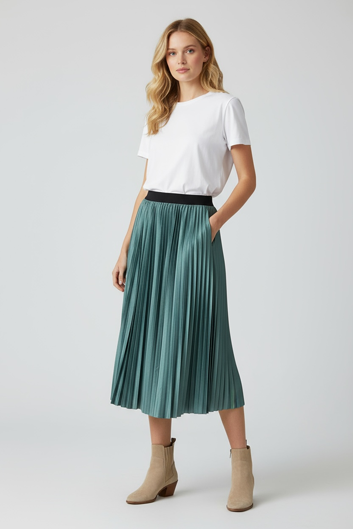 Jupe plissée midi verte métallisée