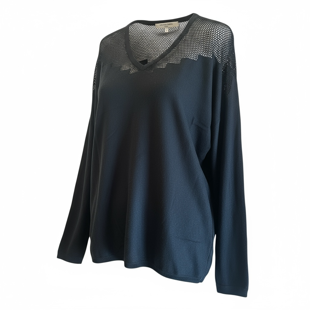 Pull noir femme col V maille fine ajourée