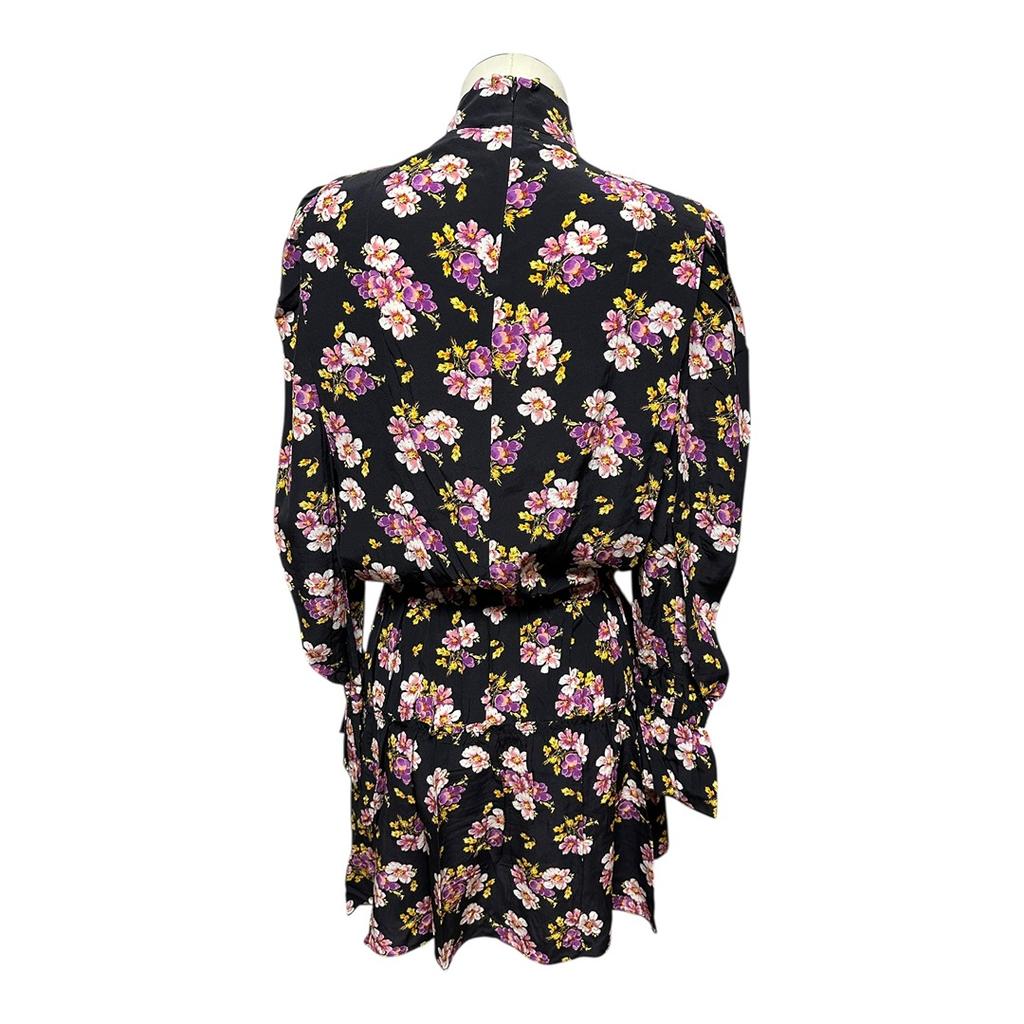 Robe courte noire à fleurs manches longues