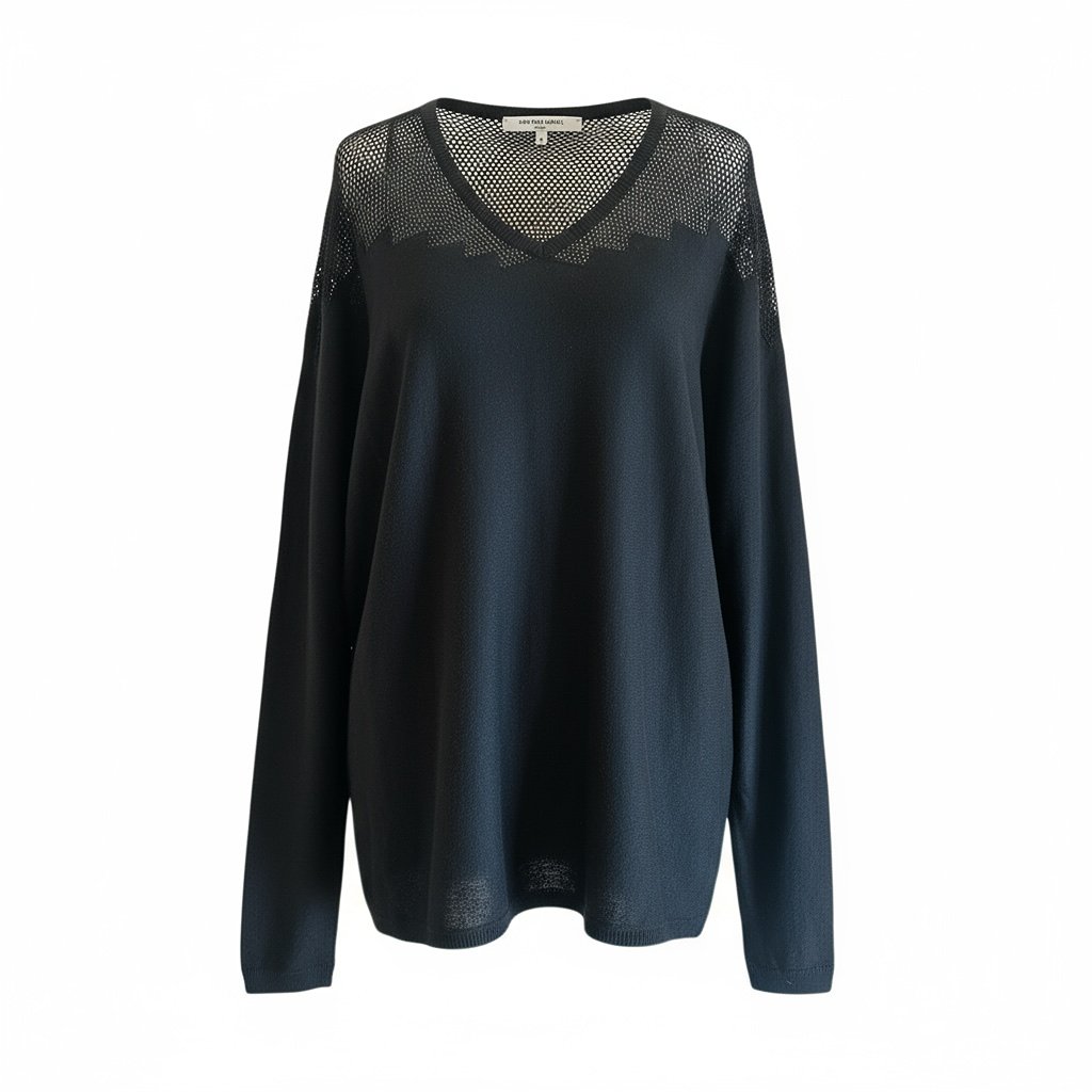 Pull noir femme col V maille fine ajourée
