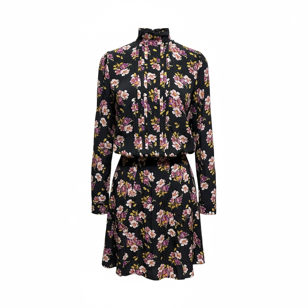 Robe courte noire à fleurs manches longues