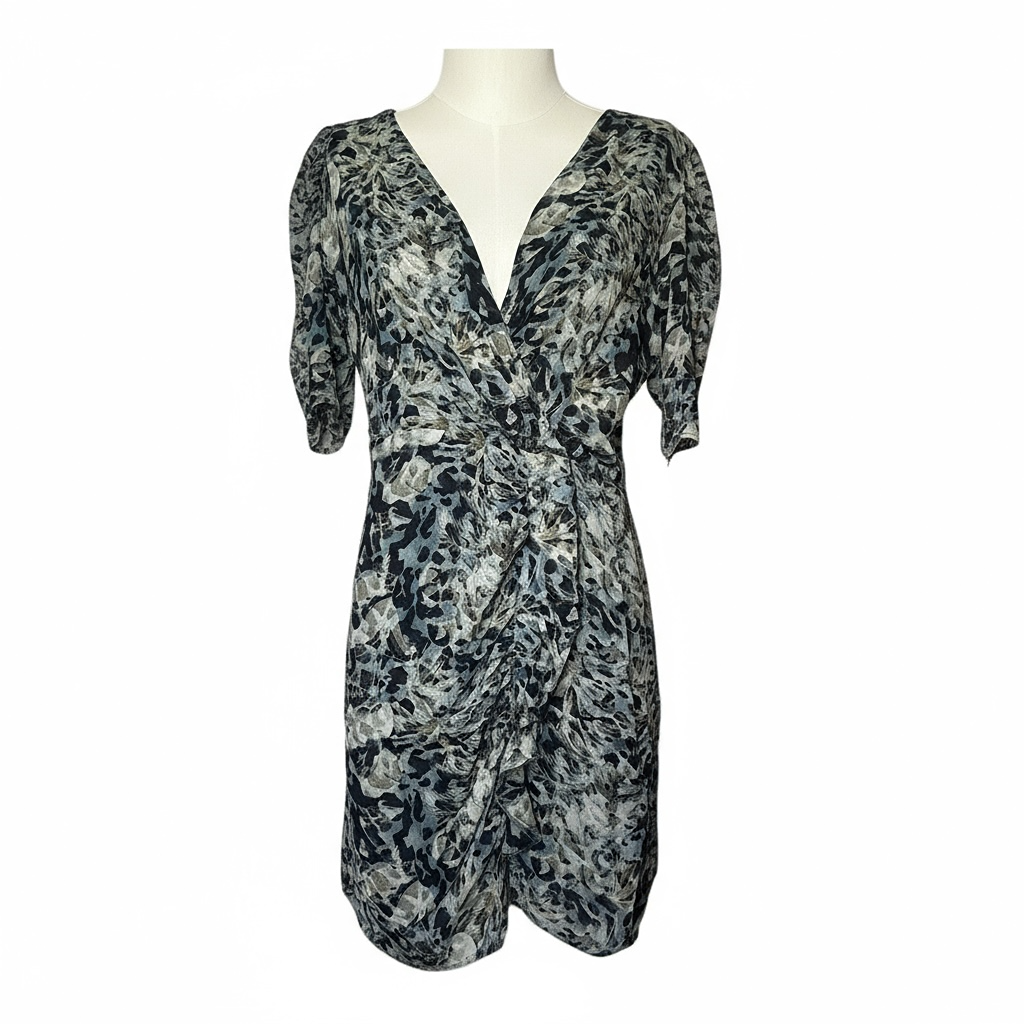 Robe courte décolleté cache-cœur imprimé noir et gris