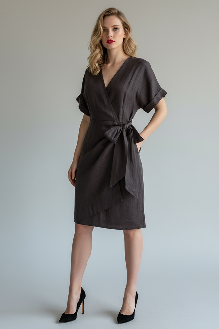 Robe midi noire ceinturée à manches courtes