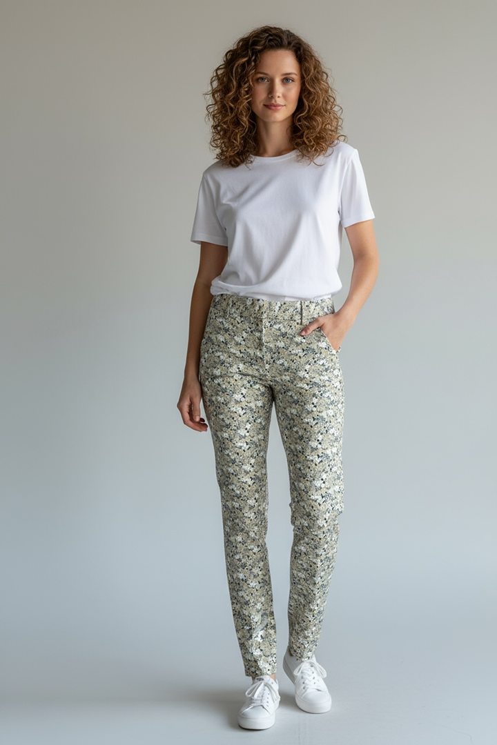 Pantalon femme ajusté motif floral beige