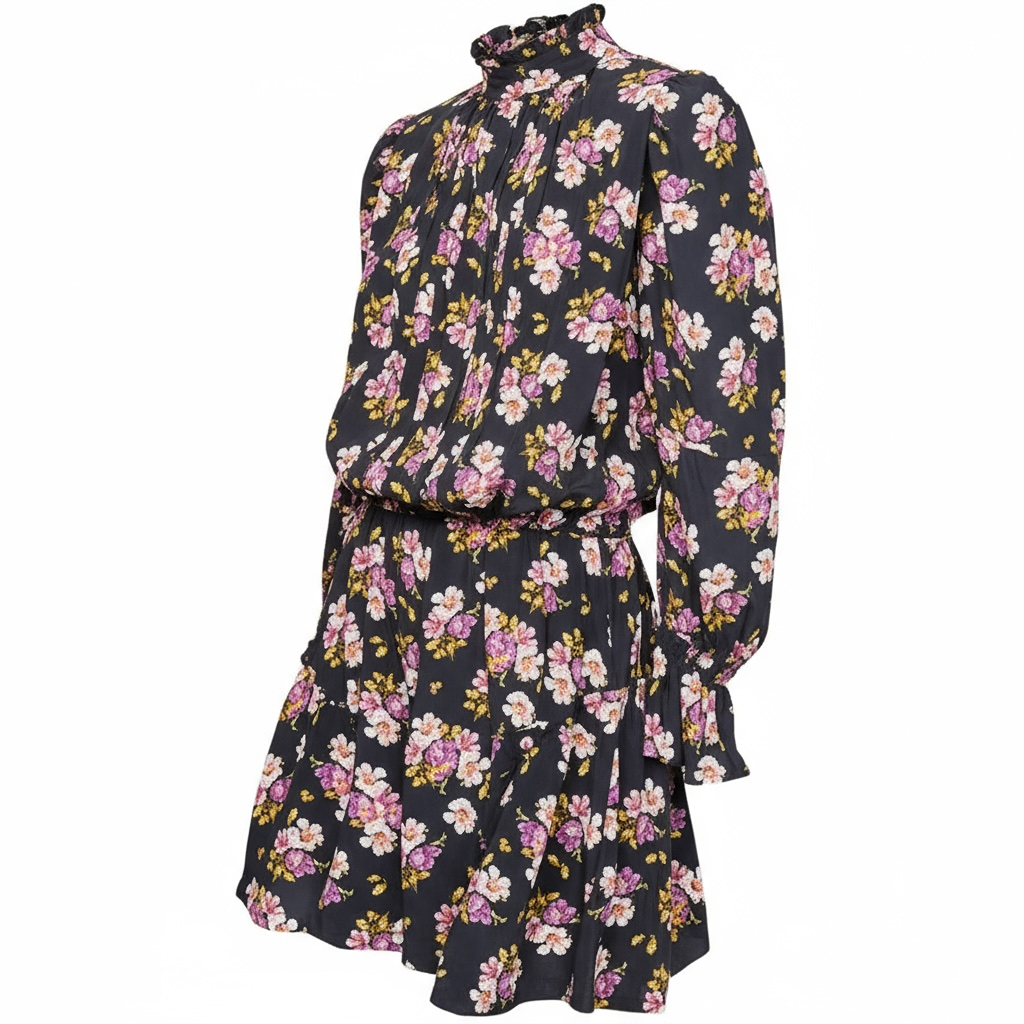 Robe courte noire à fleurs manches longues