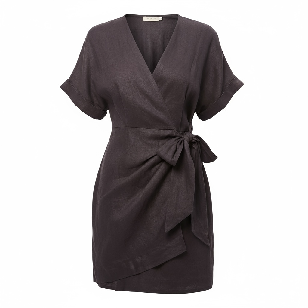 Robe midi noire ceinturée à manches courtes