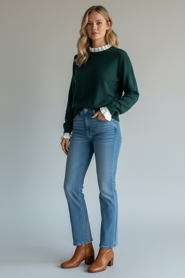 Pull vert foncé col et poignets volantés blancs