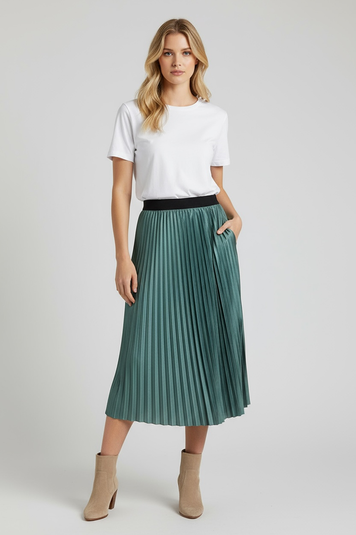 Jupe plissée midi verte métallisée