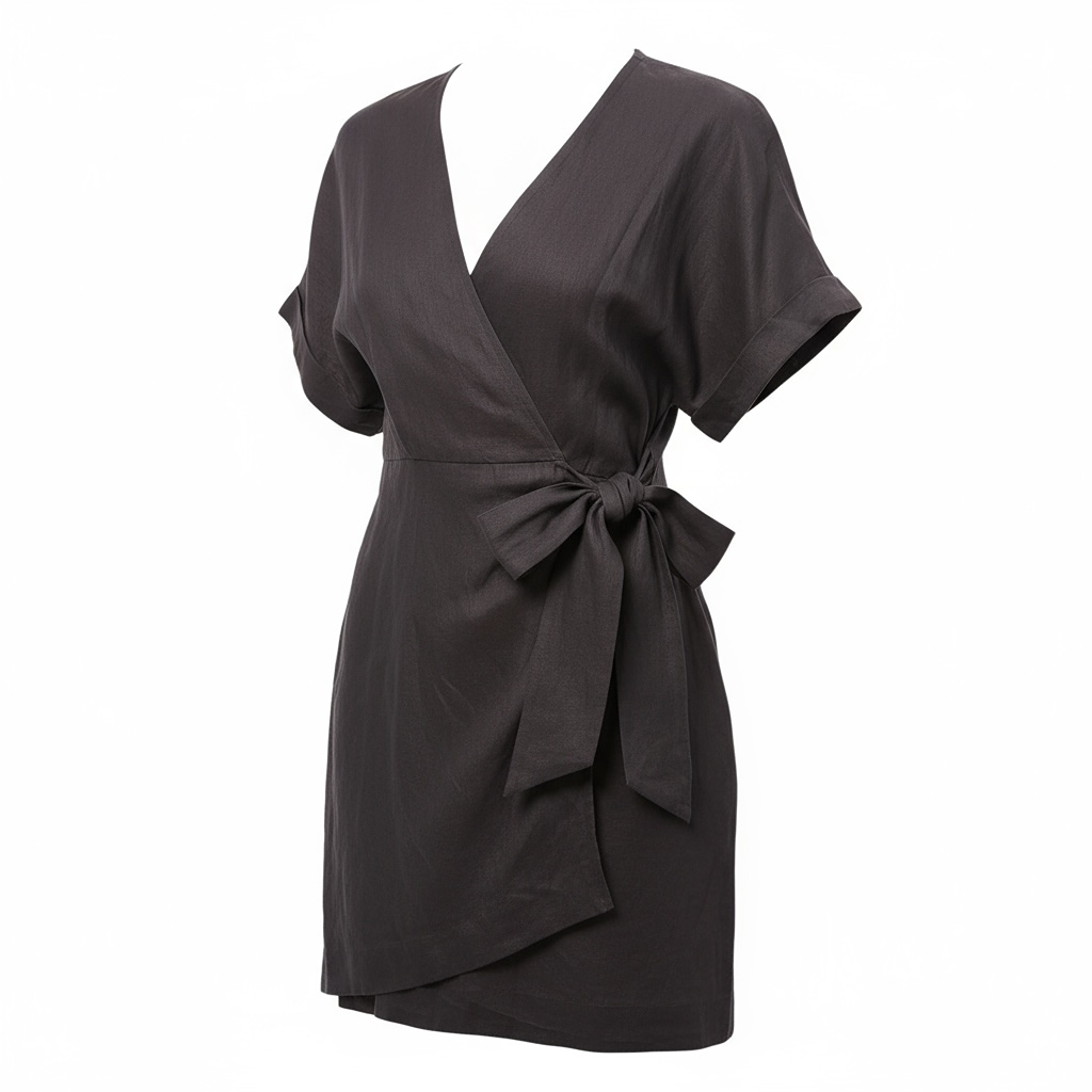 Robe midi noire ceinturée à manches courtes