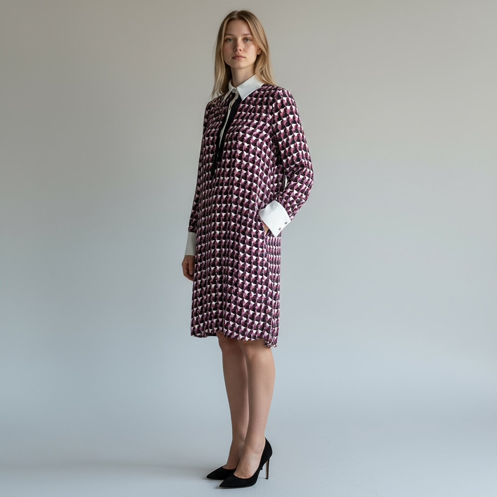 Robe chemise imprimée à col blanc et nœud noir