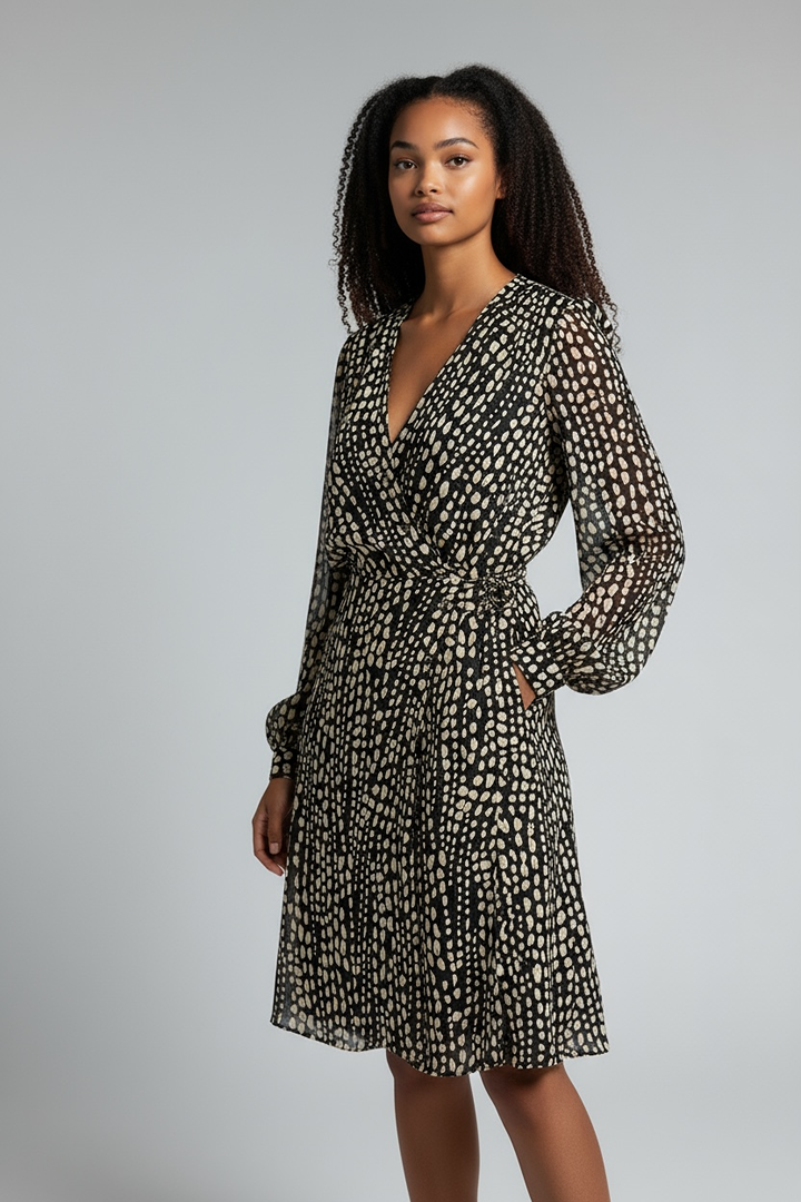 Robe portefeuille noire à pois beige manches longues