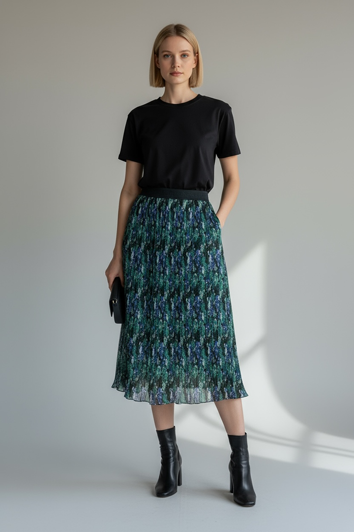 Jupe longue plissée imprimée verte et bleue