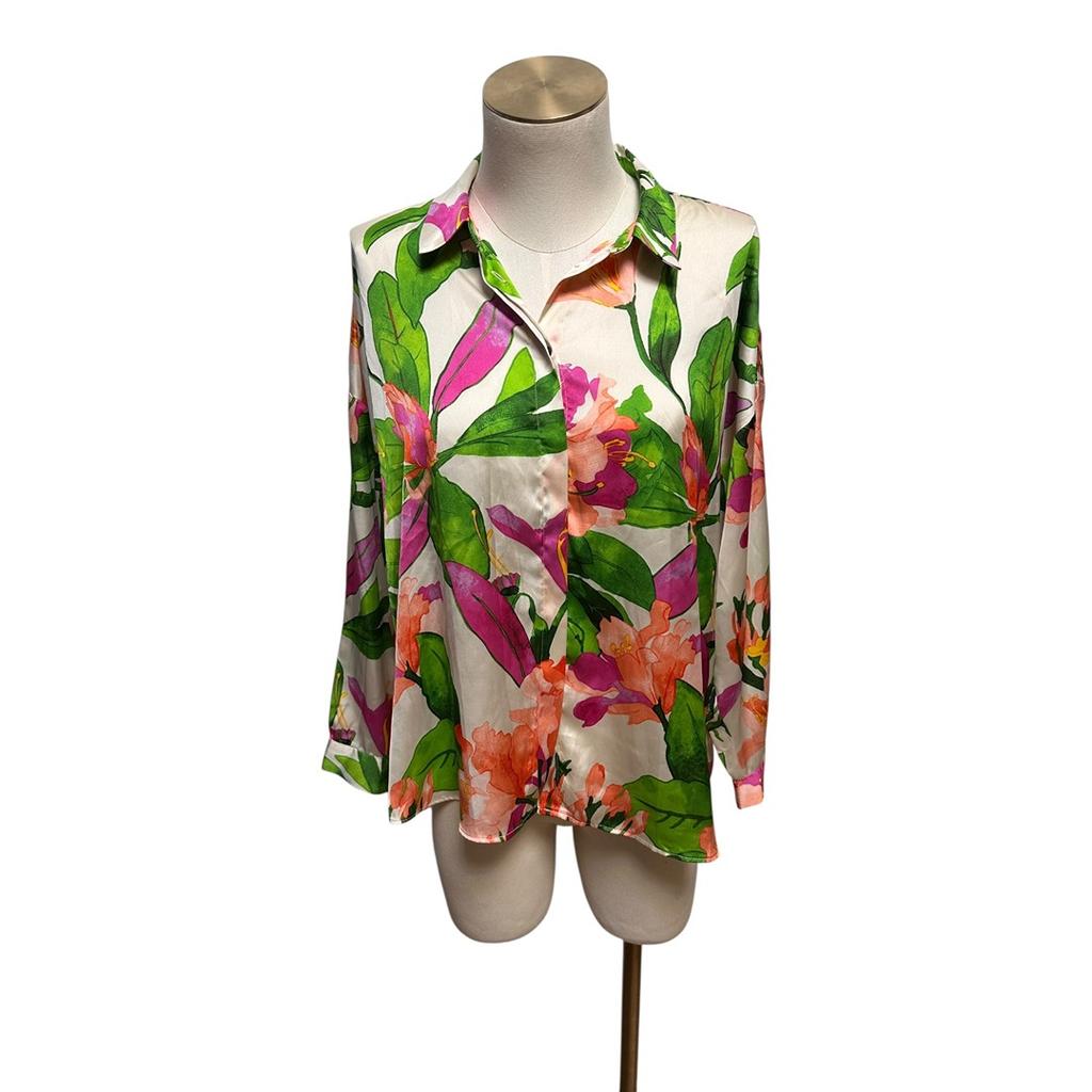 Chemise Zara fleurie satinée - M - Vert - État : Excellent