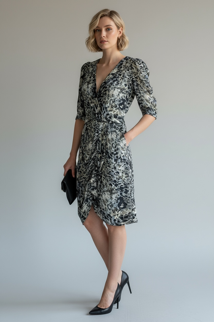 Robe courte décolleté cache-cœur imprimé noir et gris