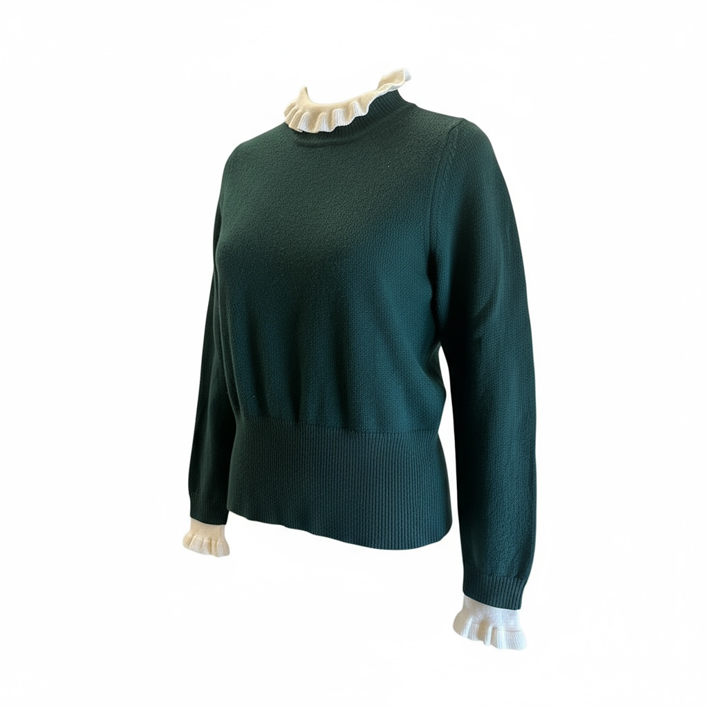 Pull vert foncé col et poignets volantés blancs