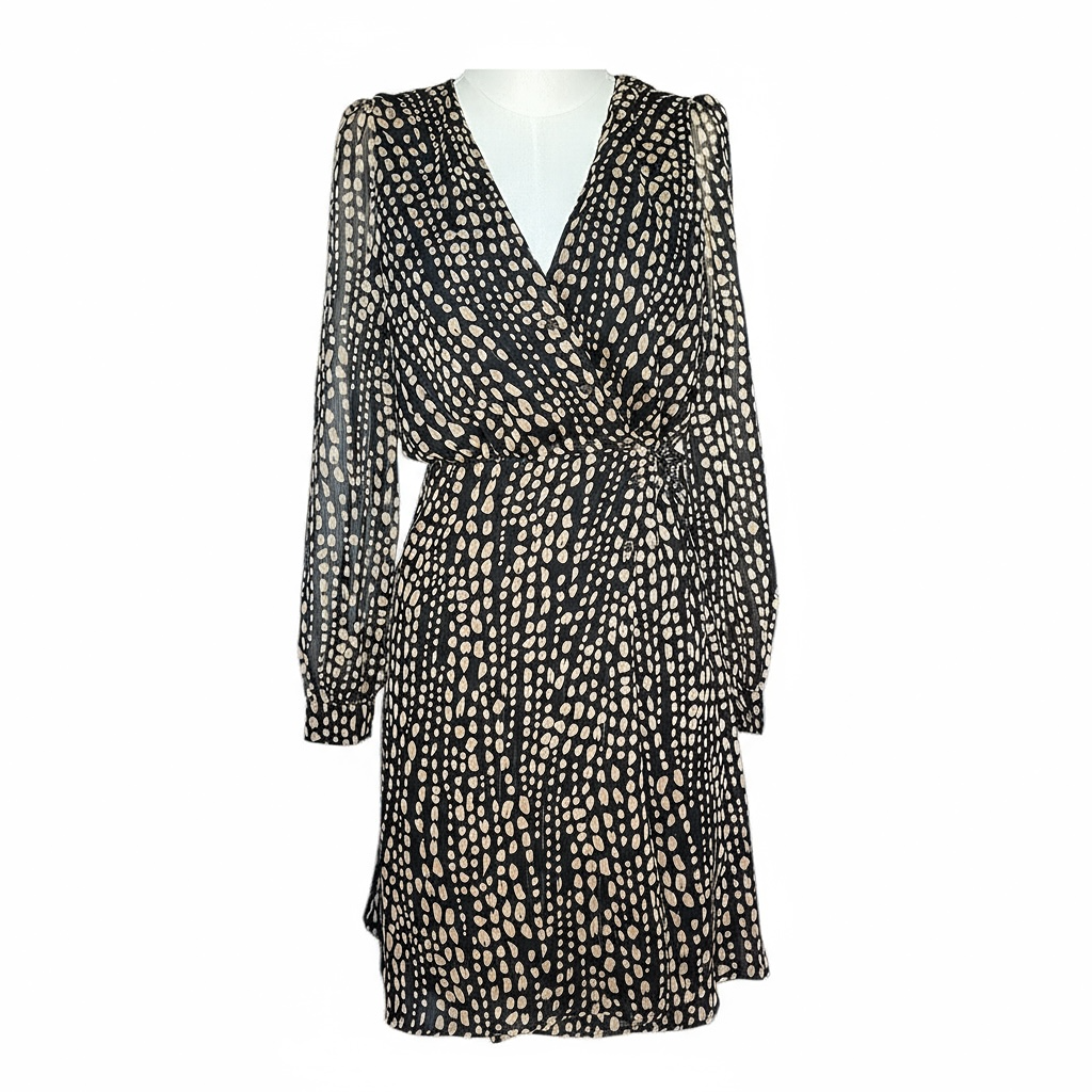 Robe portefeuille noire à pois beige manches longues