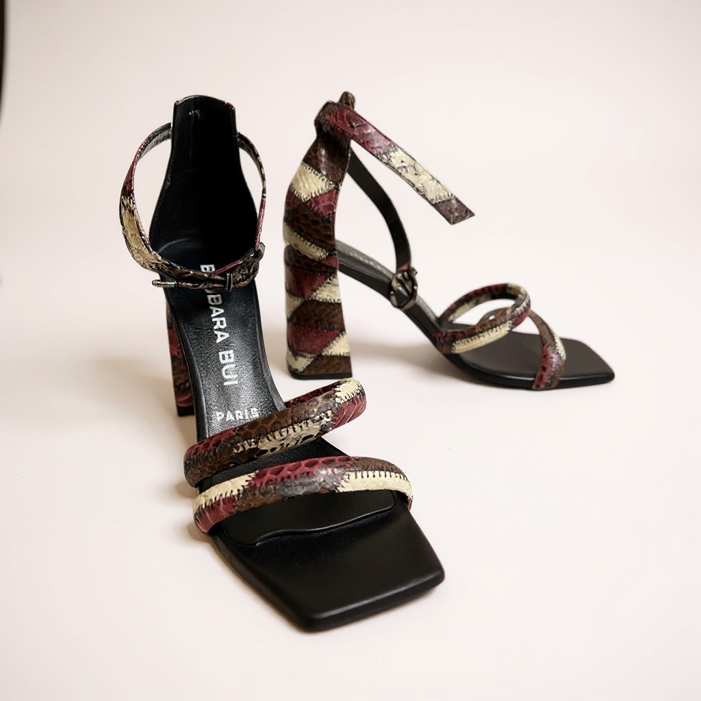 Sandales à talons Barbara Bui - Patchwork serpent multicolore - État : Excellent