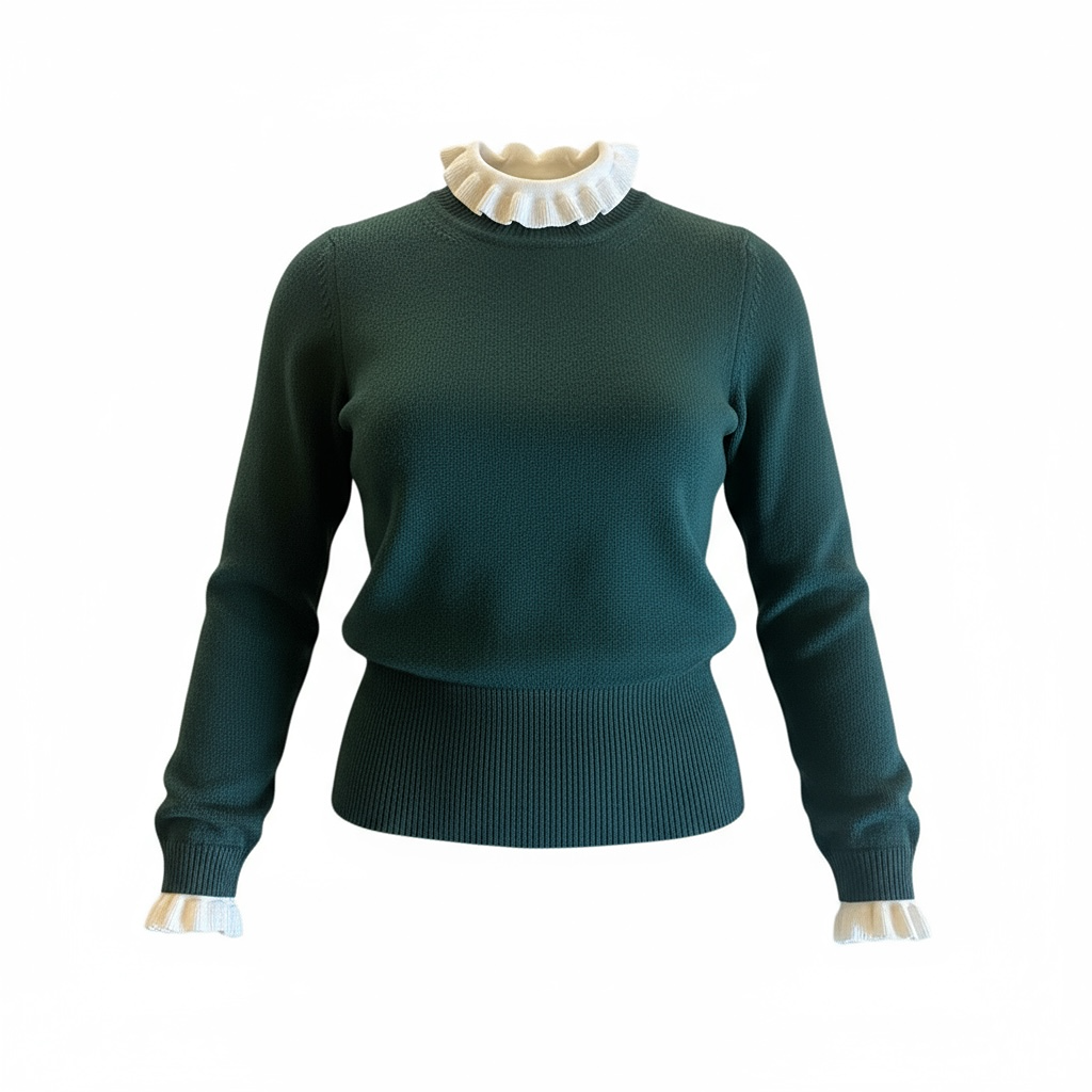 Pull vert foncé col et poignets volantés blancs