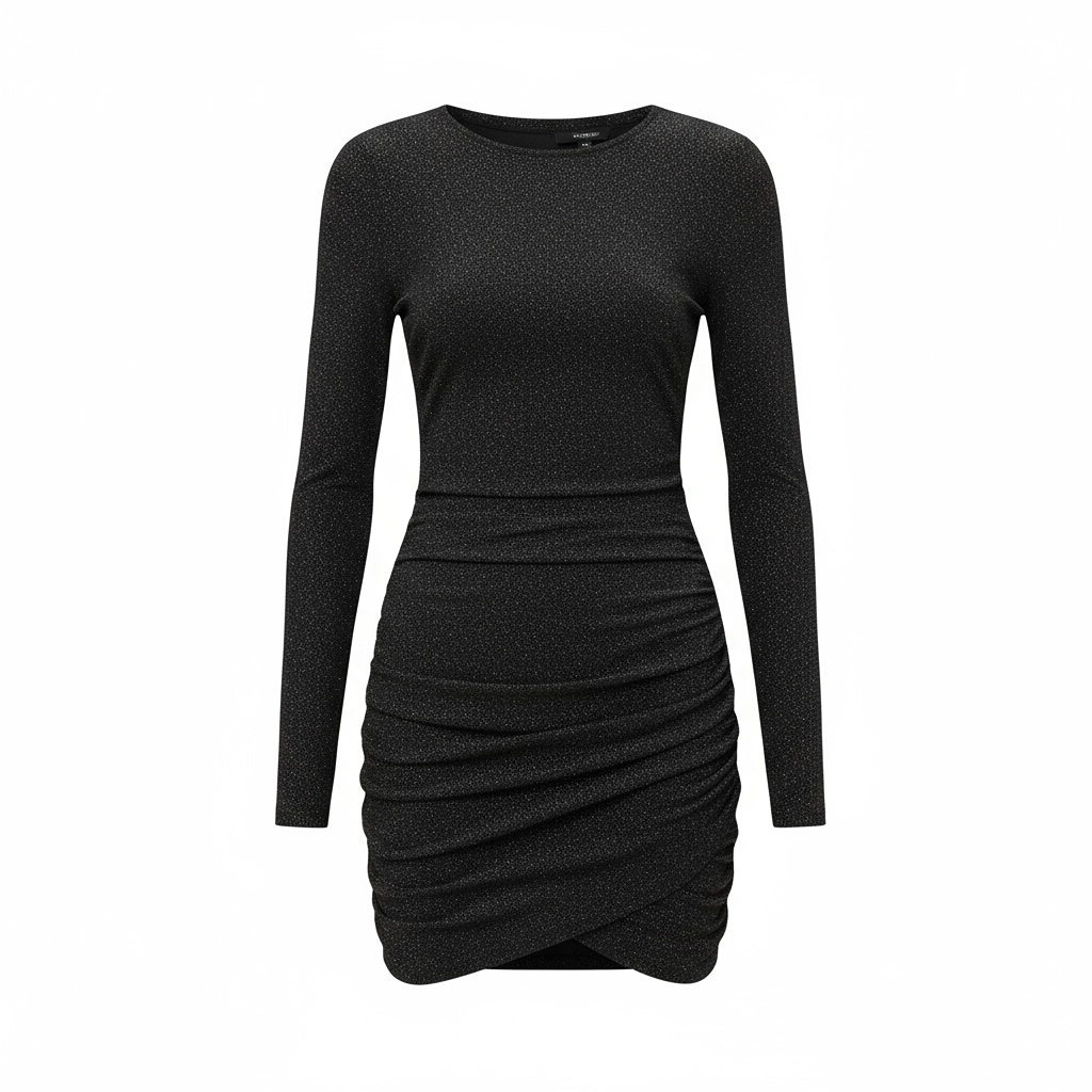 Robe noire mini à manches longues froncée