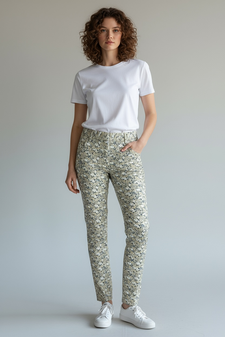Pantalon femme ajusté motif floral beige