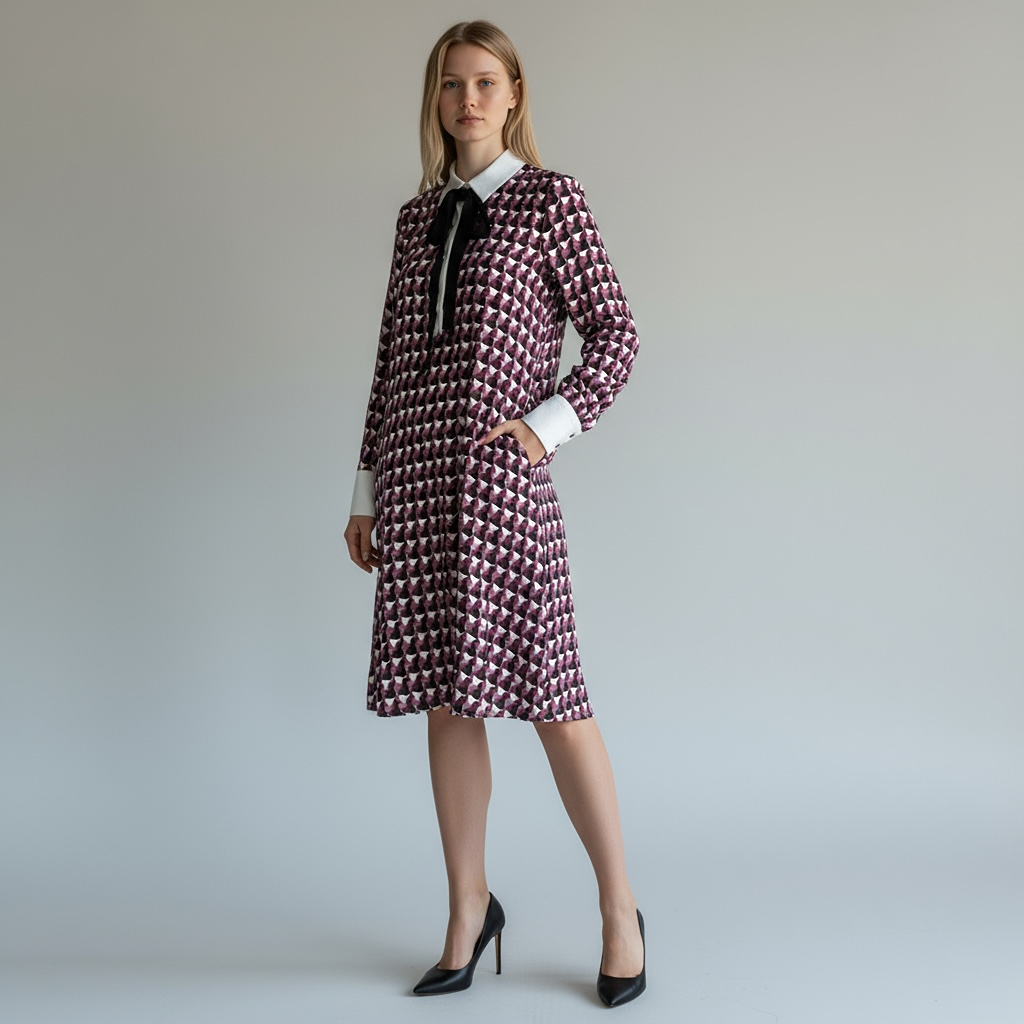 Robe chemise imprimée à col blanc et nœud noir