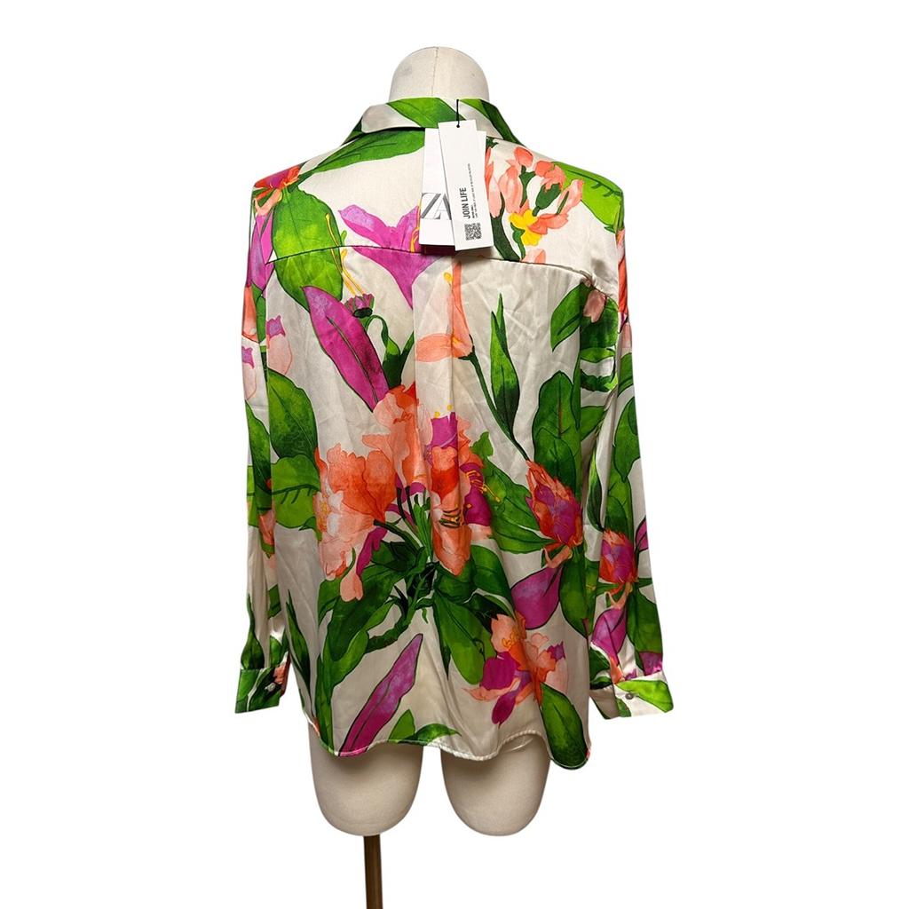 Chemise Zara fleurie satinée - M - Vert - État : Excellent